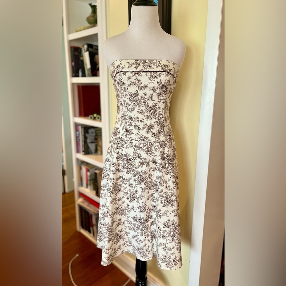 Y2K Dress Strapless Sundress Teeze Me Cream and Brown Floral Toile Print SZ: XS